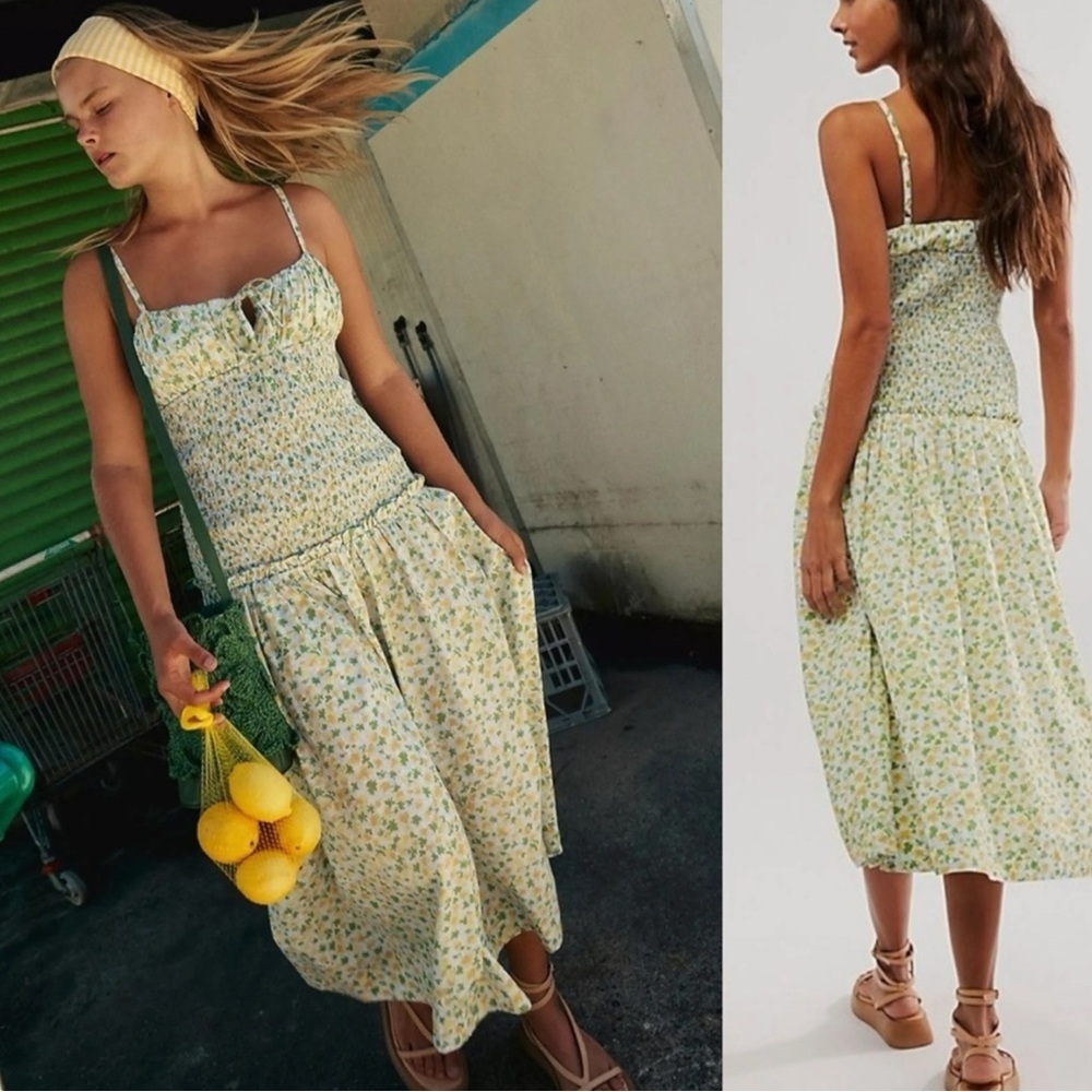 Free people lavender daze floral yellow dropped waist dress nwt small